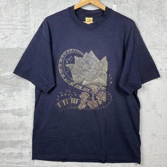 Vintage Air Waves Gold Metallic Rose Music T-Shirt XL Jerzees 385 Scotland Made - Picture 1 of 9